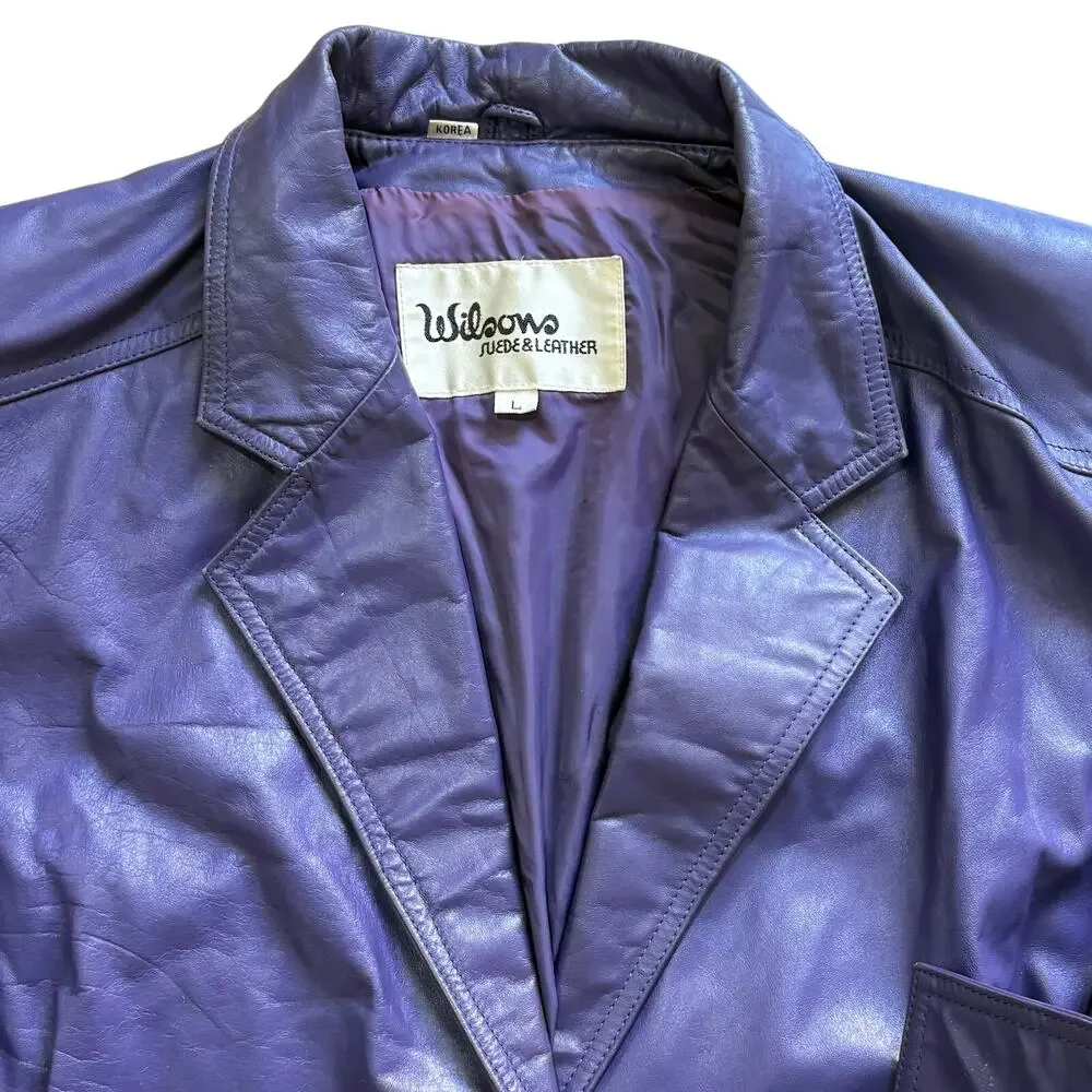 Vintage 80’s Wilsons Leather Women’s Purple Cropped Waist Jacket Tie Belt Large - Picture 3 of 9